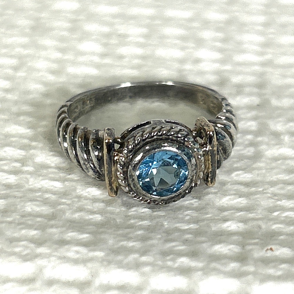 Vintage 14k Gold 925 Sterling Silver Ring Cerulean Blue Topaz Size 8 Rope Twist